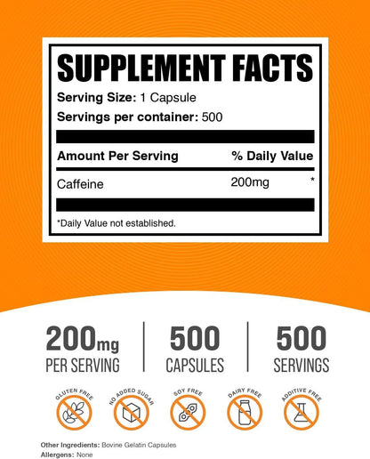 .Com Caffeine 200Mg Capsules - Supplement for Energy Boost, Caffeine Pills 200Mg - Gluten Free, 1 Capsule per Serving, 500 Count (Pack of 1)