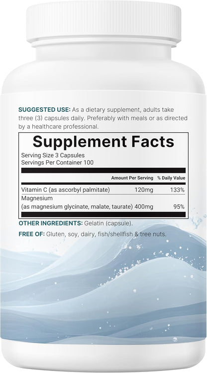 Pure Magnesium Complex, 300 Capsules | Triple Magnesium Glycinate, Malate, Taurate with Vitamin C | 100% Chelated | Supports Muscles, Nerves, & Energy | Only Active Ingredients