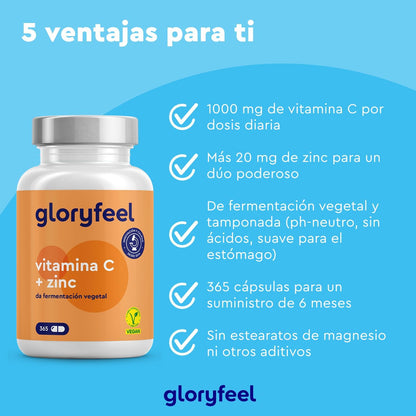 Vitamina C + Zinc - 365 Cápsulas - 1000Mg Vitamina C + 20Mg Zinc - Apoya El Sistema Inmunológico Y Reduce La Fatiga - Con Protección Gástrica Y Ph Neutro -100% Vegano