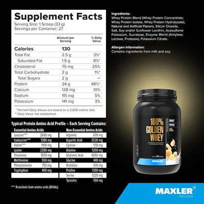 100% Golden Whey Protein - 24G of Protein per Serving - Whey Protein Powder for Pre Post Workout - Fast-Absorbing Whey Concentrate, Isolate & Hydrolysate Blend - Bananas & Cream 2 Lb