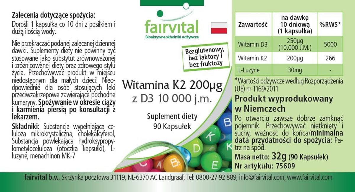 Fairvital Vitamina D3 + K2, 90 Cápsulas, Fáciles De Tragar, Vitamina D3 10 000 UI De Liberación Prolongada + Vitamina K2 MK-7 200 Mcg Por Cápsula, ALTA DOSIS, Solo 1 Cápsula Cada 10 Días
