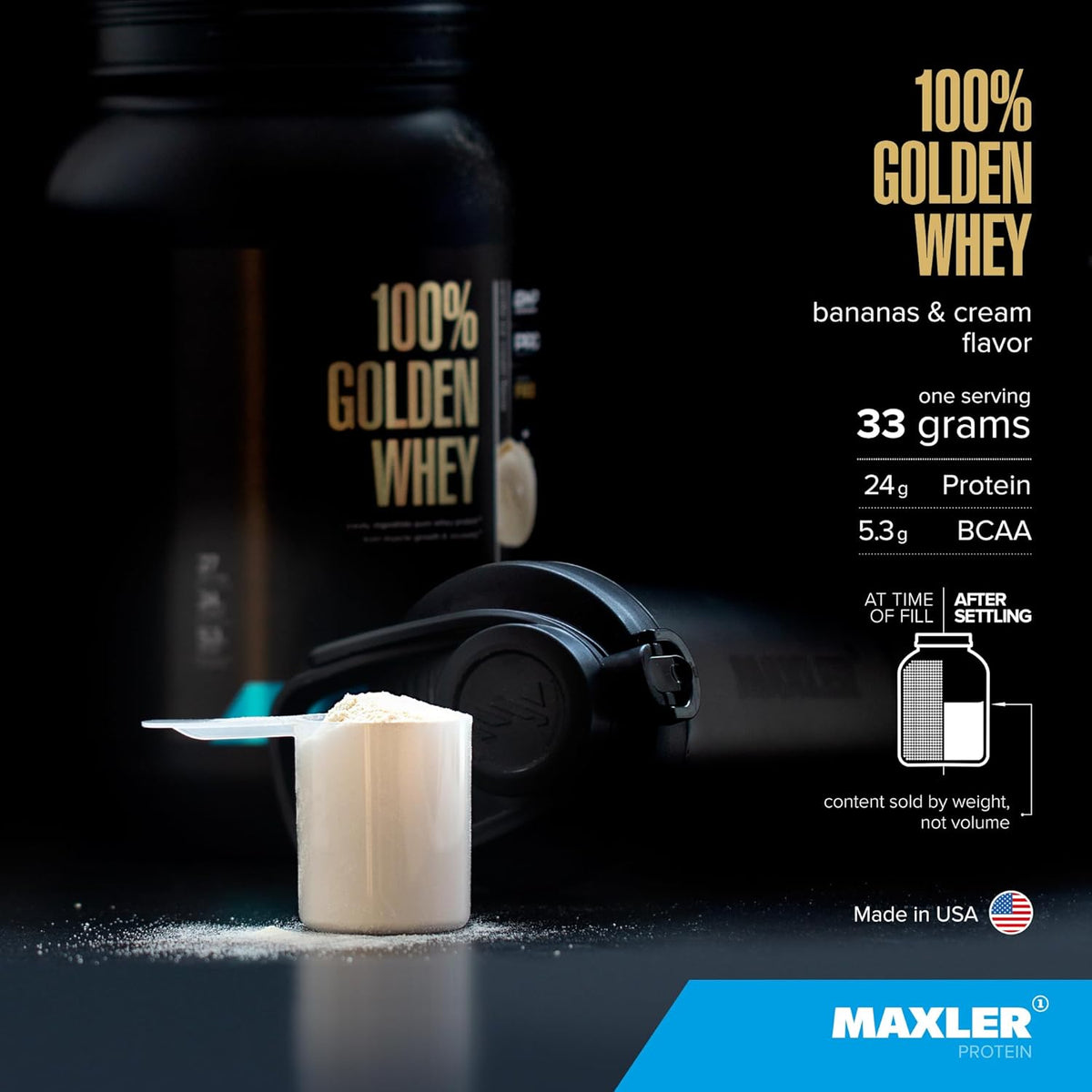 100% Golden Whey Protein - 24G of Protein per Serving - Whey Protein Powder for Pre Post Workout - Fast-Absorbing Whey Concentrate, Isolate & Hydrolysate Blend - Bananas & Cream 2 Lb