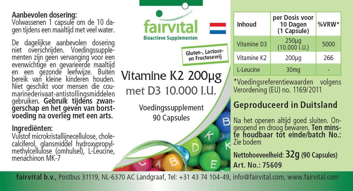 Fairvital Vitamina D3 + K2, 90 Cápsulas, Fáciles De Tragar, Vitamina D3 10 000 UI De Liberación Prolongada + Vitamina K2 MK-7 200 Mcg Por Cápsula, ALTA DOSIS, Solo 1 Cápsula Cada 10 Días