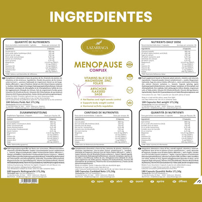 MENOPAUSIA COMPLEX 9 EN 1 | Control De Sofocos | Alivia El Hinchazón Abdominal | Vientre Plano | Sin Soja Ni Conservantes | 3 Meses De Tratamiento | 180 Cápsulas Veganas | Lazarraga